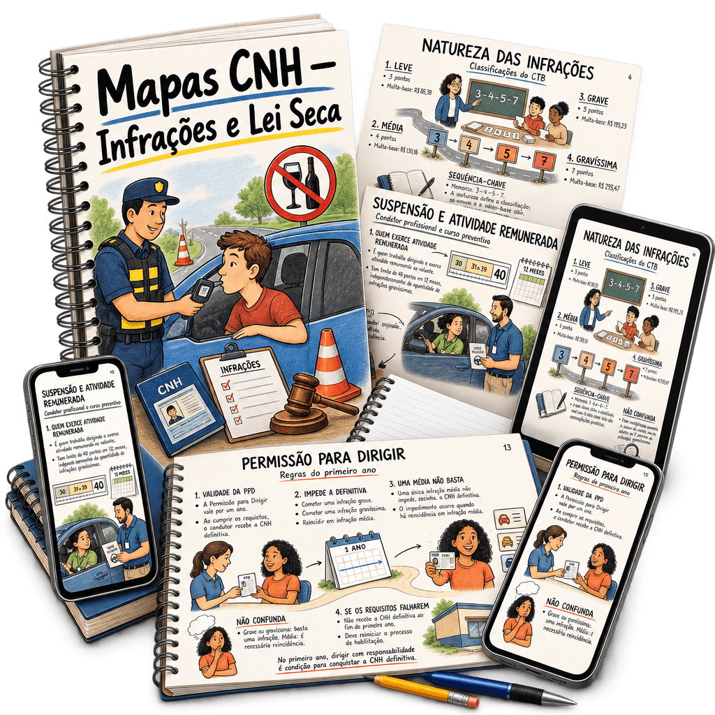 Mapas mentais de infrações, penalidades e Lei Seca para a prova teórica da CNH