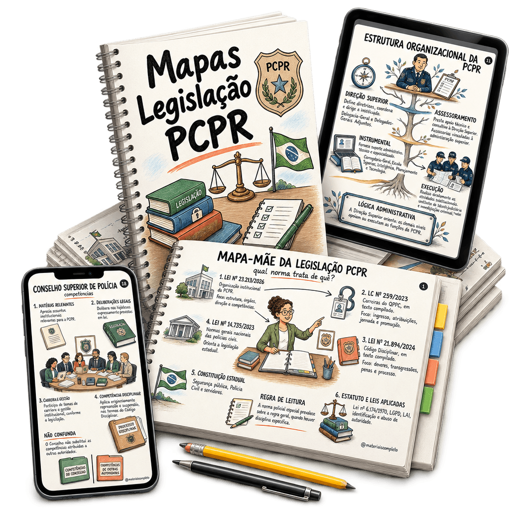 Mockup dos mapas mentais de Legislação PCPR 2026 para Agente e Papiloscopista