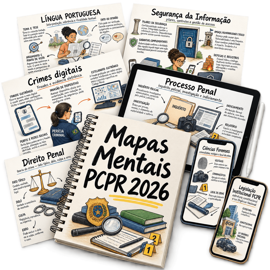 Mockup dos Mapas Mentais PCPR 2026 para Delegado, Agente e Papiloscopista