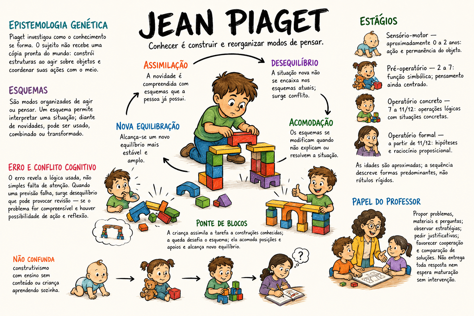 Mapa de Jean Piaget: epistemologia genética, esquemas, assimilação e acomodação
