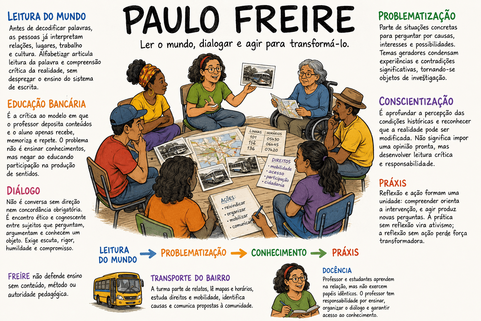 Mapa de Paulo Freire: leitura do mundo, diálogo, problematização e conscientização